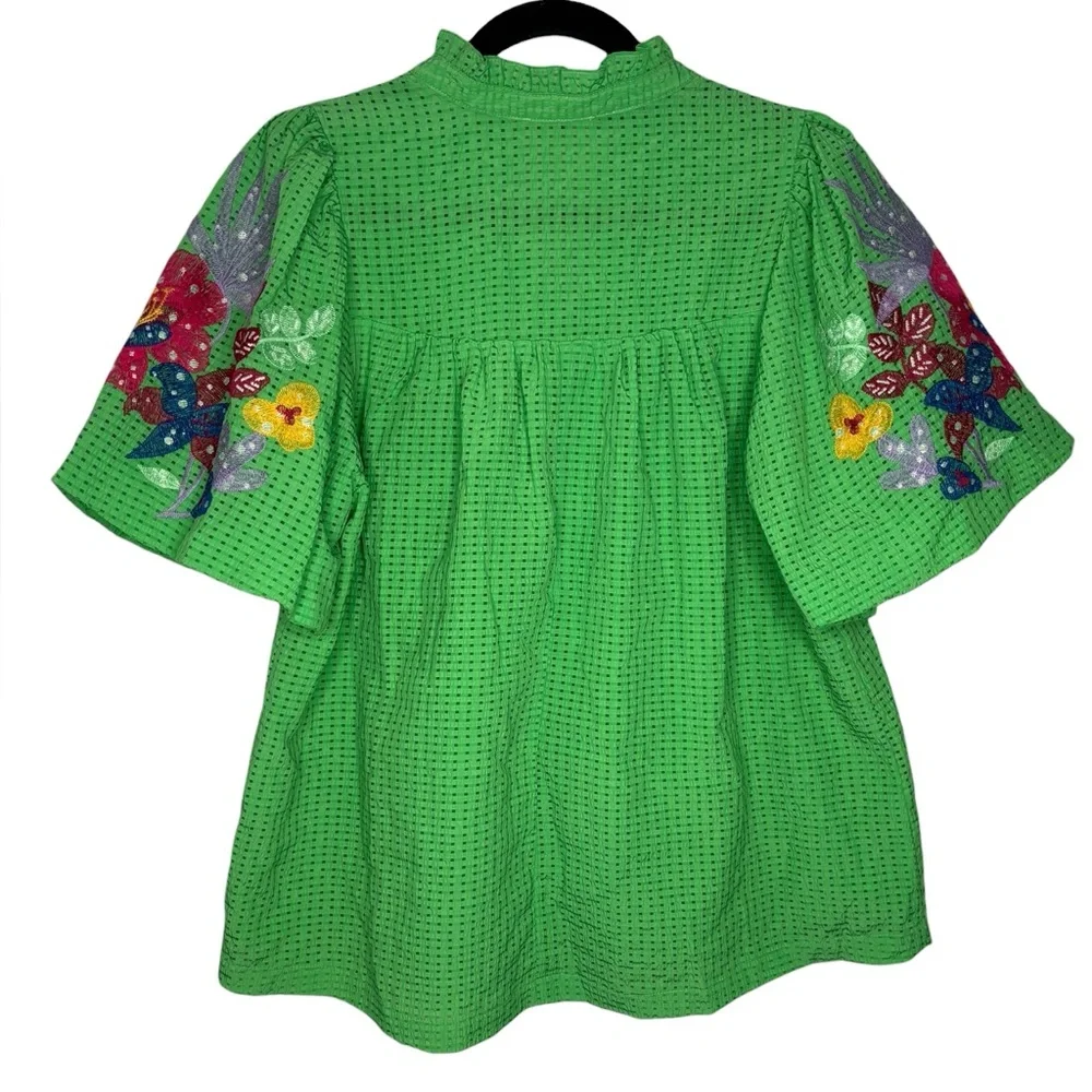Umgee Seersucker Embroidered Floral Sleeve Green Blouse Size Small - Picture 7 of 11